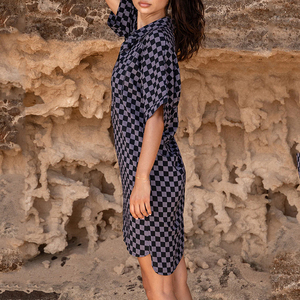 Vestido camisero holgado con estampado a cuadros bohemios, personalizado de fábrica, vestido camisero de algodón orgánico de alta calidad - Product Image 2