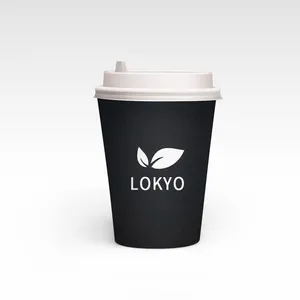 LOKYO-taza negra desechable para llevar café, té, vasos de papel de pared, 12oz, 16oz, venta al por mayor