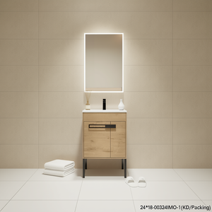Bathroom Vanity Sink 24x18 Inch Freestanding Minimalist Design With Mirror Ceramic Basin Light Wood Finish - Product Image 2
