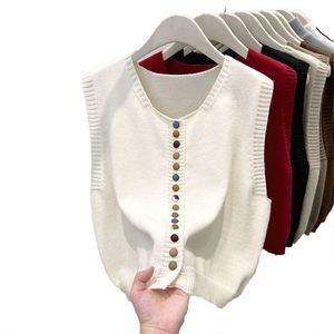 Personalized Rainbow Button Knit Crew Neck <b>Vest</b> <b>Women</b> Spring Autumn Loose Fashionable Layered Sweater Gilet <b>Top</b> - Product Image 4