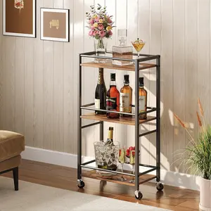 Tier Bar Cart For Home Kitchen Storage Island Serving Cart On Wheels Wooden Panel Trolley Rolling Beverage Cart For Bar