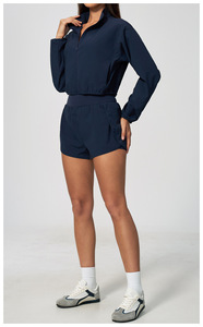 Women Navy Blue 2 Piece Sports Set Sleeveless Zipper <b>Top</b> Shorts Striped Breathable Quick Dry Sporty Style Spring Summer Pattern - Product Image 3