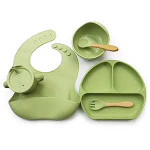 BPA Free Baby Tableware Set Bowls Spoon Bib Baby Silicone Divided Suction Plate Baby Weaning Feeding Set