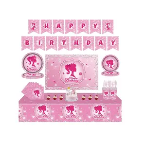 119PCS 핑크 다이아몬드 소녀 파티 테마 장식 친환경 일회용 종이 접시 컵 배너 파티 공급 업체