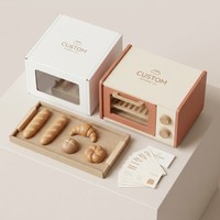 Jouet de jeu de rôle en bois OEM personnalisé pour enfants, four grille-pain éducatif, accessoires de cuisson pour pain et croissants, jeu de rôle de boulangerie pour enfants avec recettes