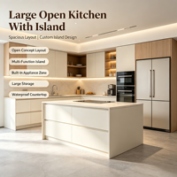Grande Cuisine à Conception Ouverte, Armoires sur Mesure, Aménagement Personnalisé, Portes en Bois Massif Écologiques, Plan de Travail Imperméable, Ample Rangement