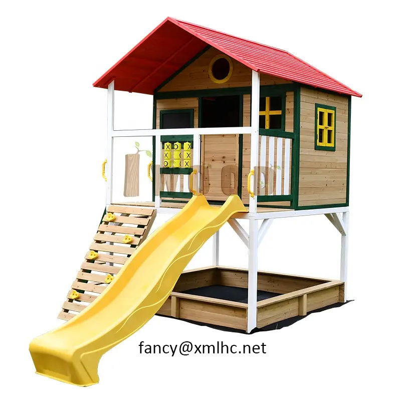 Neues Design Outdoor-Garten inländische Tannenholz Kinderspiel haus mit Rutsche Sandkasten Kletter felsen Leiter