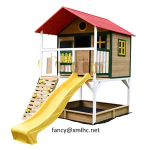 New Design Outdoor Garden Domestic Fir Wood Kids Playhouse With Slide Sandbox Climbing Rocks Ladder