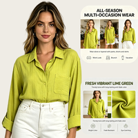 Chemisier ample à manches longues pour femme, texture froissée, boutonnage, col à revers, poche, couleur unie, décontracté, pour le quotidien, la rue et les vacances