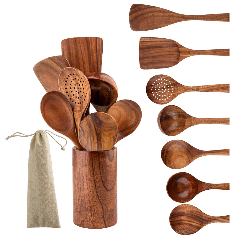 Hot Selling Kitchen Accessories Kitchen Products 12 Pcs Wooden Cooking Utensils Spatulas Acacia Teak Wood Kitchen Utensils Set · image 4