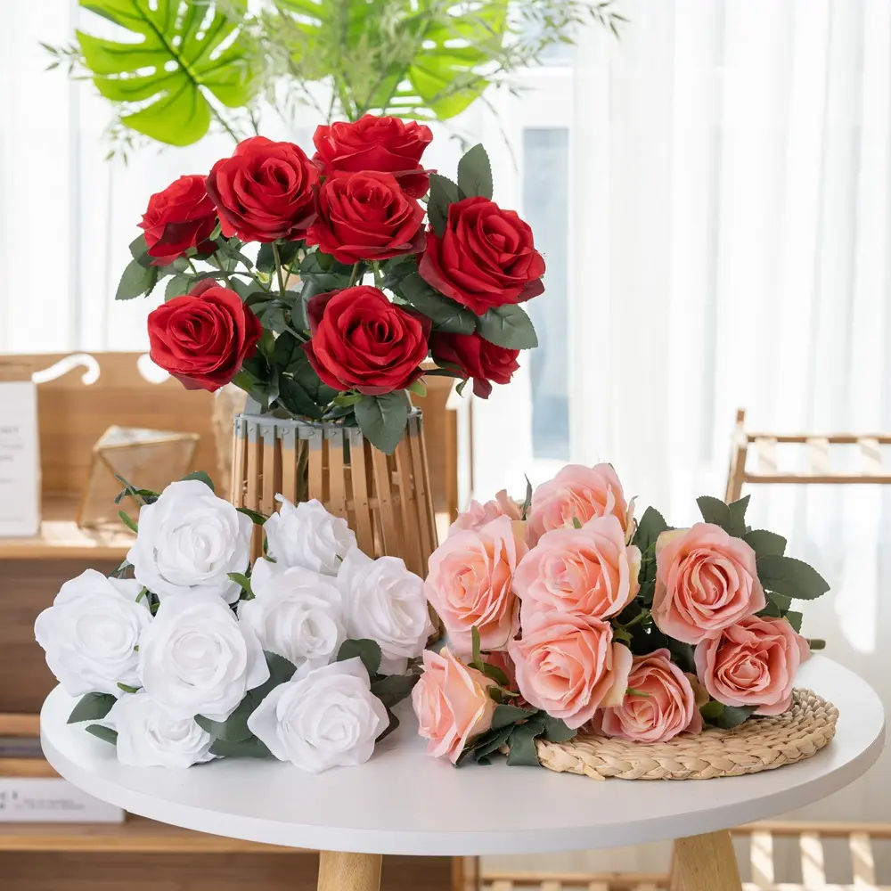 Hoge Kwaliteit Kunstmatige Real Touch Zijde Rozen Bloemen Middenstuk Zijden Tafel Decoraties Bruiloft Decoratieve Bloemen