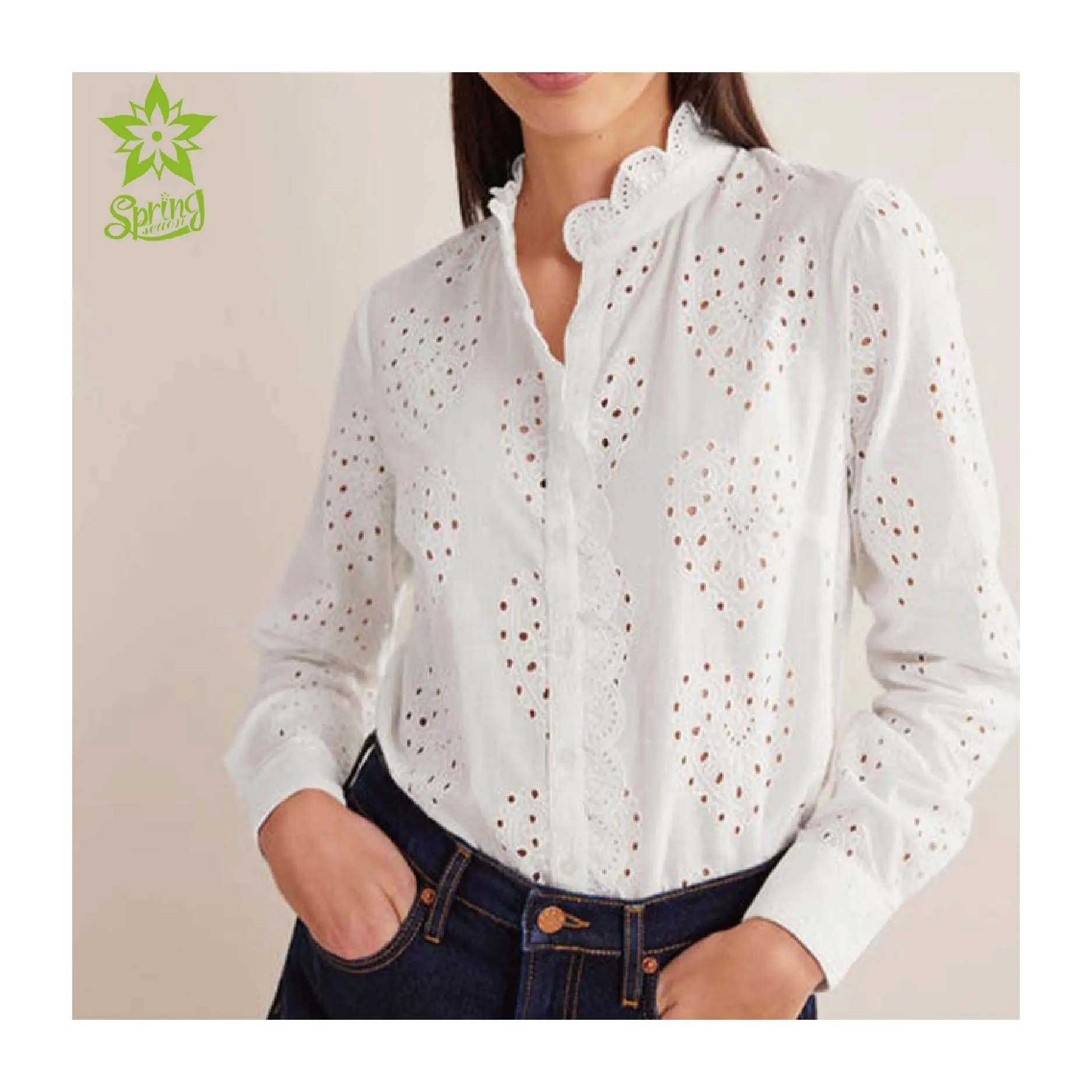 Novidades Blusas brancas para mulheres Moda Vieira Trim Broderie Camisa Trabalho Escritório Tops