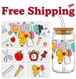 Free Shipping Trending Teacher Appreciation Pencil Bow UV DTF Cup Wrap for 16oz Glass Tumblers Back To School Apple Ruler - Product Image 1