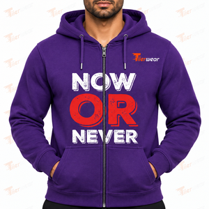 Sweat à capuche zippé violet pour homme, imprimé 'Now Or Never', en molleton décontracté, coupe classique, pour l'automne - Product Image 5