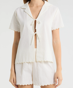 Ensemble pyjama décontracté rayé pour femme, bord festonné, manches courtes, short, ensemble confortable pour la maison, pyjama deux pièces, vêtements de nuit doux - Product Image 1