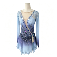 Robe de patinage artistique à manches longues dégradé bleu-violet, ornée de strass faits à la main, en maille, pour performance sur glace, pour femmes et filles