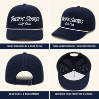 Casquette 5 panneaux personnalisable avec logo, perforations laser, bleu marine et blanc, classique, ajustable, structurée, respirante, aération optimisée, été