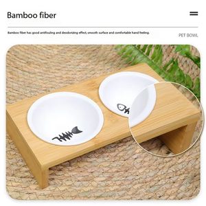 Bol à nourriture pour petits animaux, chiots, chats, animaux de compagnie, double/simple, en céramique, avec support en bambou, matériau sain pour les mangeoires pour chats et chiens - Product Image 6
