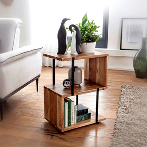 <b>Rustic</b> Sheesham Wood <b>Side</b> <b>Table</b> with Dual Open Shelves Black Metal Frame Modern Industrial Accent Stand for Living Room Decor - Product Image 1