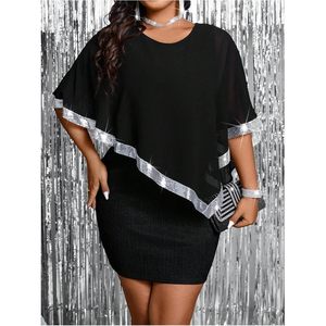 Women's <b>Plus</b> <b>Size</b> <b>Sequin</b> Cape Bodycon <b>Dress</b> O Neck Half Sleeve Asymmetric Evening Party Prom <b>Dress</b> Chiffon Sheer Layer - Product Image 4