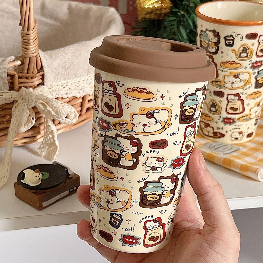 Retro cat-shaped handheld cup with silicone lid