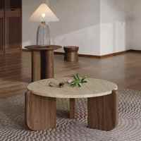 Table basse en bois massif et travertin pour petit salon ou balcon domestique, design simple et élégant