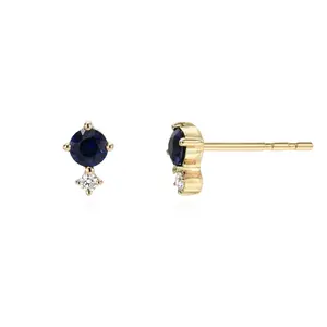 Dainty Daily Wear 925 Sterling Silver 14k Gold 4 Prong Blue Sapphire with Diamond Stud Earrings