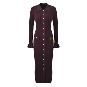 Nuevas llegadas de primavera 2026: Vestido maxi de punto de alta calidad para mujer con mangas largas acampanadas, elegante y casual. - Product Image 1