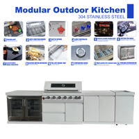 Cuisine extérieure moderne de luxe en acier inoxydable 304, avec barbecue 7 brûleurs, revêtement poudré, hauteur réglable