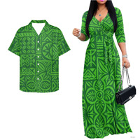 Chemise Hawaïenne ou Robe Hawaïenne Assortie pour Couple, Imprimés Personnalisés, Motif Tapa Polynésien Or et Noir, Maxi à Nouer à la Taille avec Poche