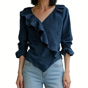 Women's Ruffled V-Neck Linen Blouse - Long Sleeve Asymmetrical Hem <b>Top</b> Shirt Fashion - Product Image 4