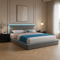 Cadre de lit plateforme en fer réglable avec rangement, rembourré en lin, avec double bande LED, taille King, moderne, profil bas, pour chambre à coucher
