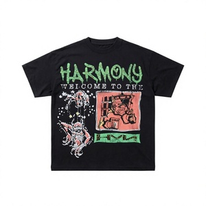 T-shirt pour homme en coton lourd surdimensionné noir, imprimé vintage, col rond, manches courtes, streetwear - Product Image 4
