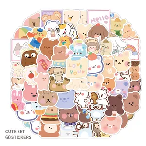 60Pcs simpatici sacchetti di adesivi decorativi impermeabili per ragazza di orso di cartone animato animale coreano per Notebook da parete pacchetto di adesivi personalizzati in PVC per Laptop