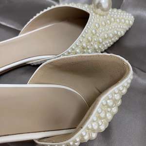 Chaussures plates blanches pour mariée, sandales à talons bas pour femme, chaussures de fête, avec perles, direct usine - Product Image 5