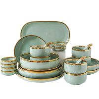 Services de Vaisselle et de Table de Luxe pour Restaurant avec Bord Doré, Couleur Vert Clair, Fabricant d'Assiettes en Porcelaine et Céramique