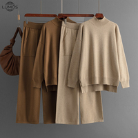 Ensemble deux pièces Lumos : Pull élégant pour femme, hauts en tricot, ensemble pantalon deux pièces pour l'hiver, couleur unie, tricot ample décontracté
