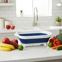 Planche à découper carrée pliable 3-en-1 en PP avec panier de drainage pour la préparation des aliments et le lavage des légumes en cuisine