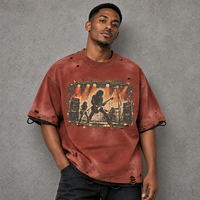 T-shirt vintage délavé rouge brique, motif graphique rétro, color-blocking, streetwear vieilli, 100% coton 240 g/m², logo personnalisé, vente en gros pour hommes