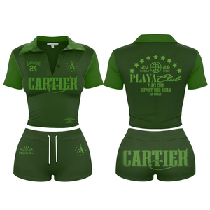 Conjunto de Top Corto Tipo Polo con Cierre Frontal y Pantalones Cortos para Mujer, Atuendo Casual de Dos Piezas, Logotipo Personalizado, Ropa de Verano, Conjunto de Top Corto con Cuello Polo para Mujer - Product Image 4