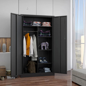 Armoire de chambre personnalisée blanche et noire, armoire à portes battantes en métal à 2 portes, meuble de rangement pour vêtements, penderie en acier coloré pour chambre - Product Image 2