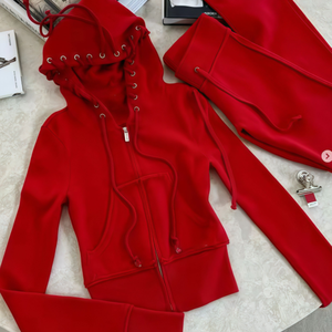 Conjunto Deportivo de Algodón Estilo Y2K para Mujer, con Logotipo Bordado Desgastado, Sudadera con Capucha y Cremallera, Pantalones Deportivos Gruesos de 2 Piezas - Product Image 3