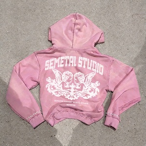 French Terry Cotton Cropped Hoodies Custom Graphic Oversized Zip Up Hoodie Luxury Rhinestone Acid Wash Distressed Zip Hoodie - Product Image 3