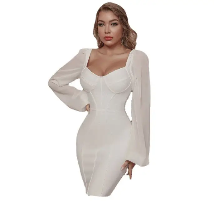 D132 White chiffon long sleeve bandage sheath dress for women