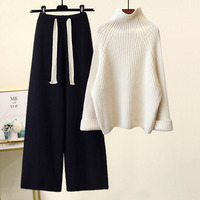 Ensemble en cachemire pour femmes, pull en cachemire à col roulé à manches longues pour l'automne, pantalon ample en cachemire