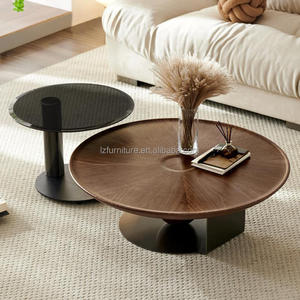 Modern Luxury Nesting <b>Coffee</b> <b>Table</b> Set of 2 Round <b>Walnut</b> Wood Center <b>Table</b> with Black Glass Side <b>Table</b> Living Room Furniture - Product Image 2