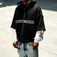 Sweat à capuche unisexe gris surdimensionné personnalisé, à manches courtes, avec design superposé, en polaire vintage, style streetwear, avec numéro sportif et fermeture éclair au dos