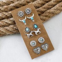 Ensemble de boucles d'oreilles turquoise de style western pour femme, motifs cowgirl, croix, botte, cheval, cœur, fleur et tête de taureau