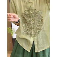 Kemeja Wanita Bordir Katun Linen Warna Pink Debu Musim Panas 2026 Grosir Baru Kerah Mandarin Kancing Katak Lengan Lonceng Model Longgar