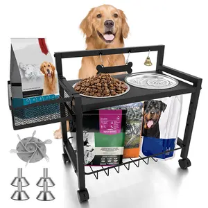 JH-Mech Elevated Dog Bowls Stand With Food Bowls and Slow Feeder For Medium & Large Sized Dogs Metal Dog Bowl Stand With Wheels